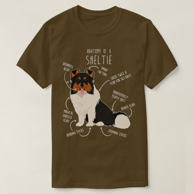 Camiseta Tri Color Sheltie Shetland Sheepdog Anatomia 1 (Frente do Design)