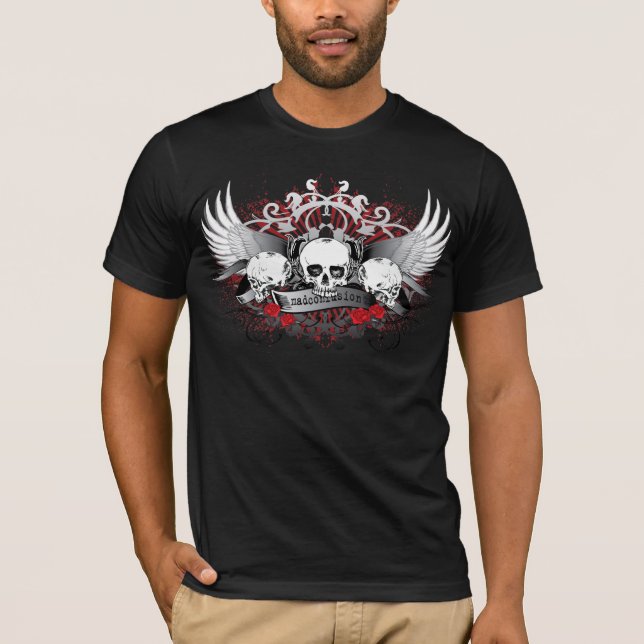 Camiseta tri crânios com rosas (Frente)