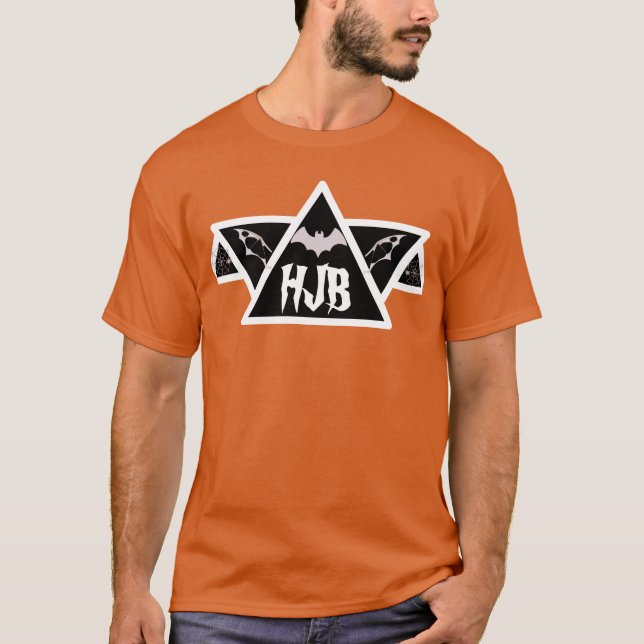 Camiseta Triângulo do Homem de Bat do Dia das Bruxas laranj (Frente)