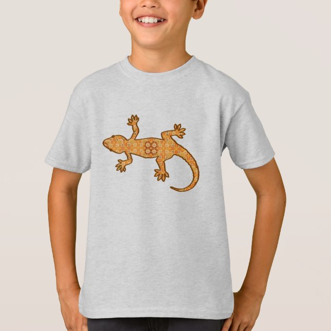 Camiseta Tribal batik Gecko - ferrugem, âmbar e bronzeada (Frente)