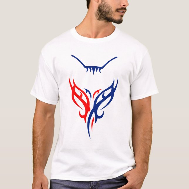 Camiseta Tribal Cat Design - Red and Blue Abstract T-Shirt (Frente)