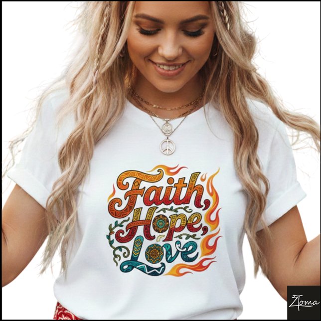 Camiseta Tribal Geometric Faith Hope Love Flames (Criador carregado)