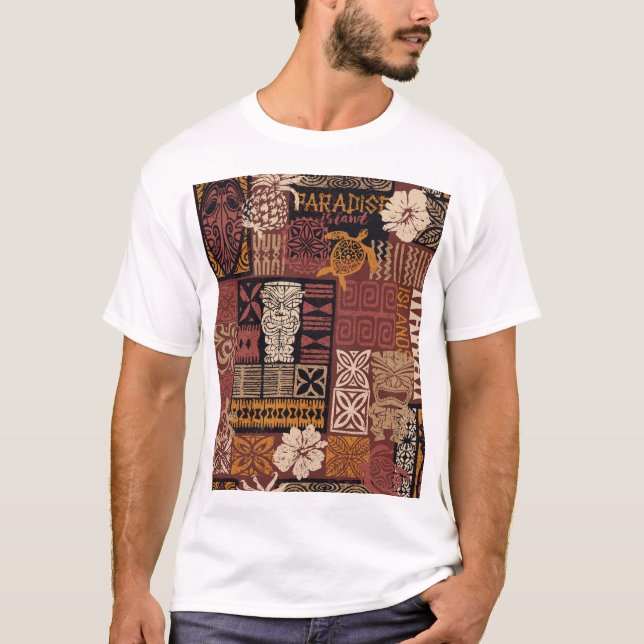 Camiseta Tribal Havaiano: Patchwork de Tecido Vintage (Frente)