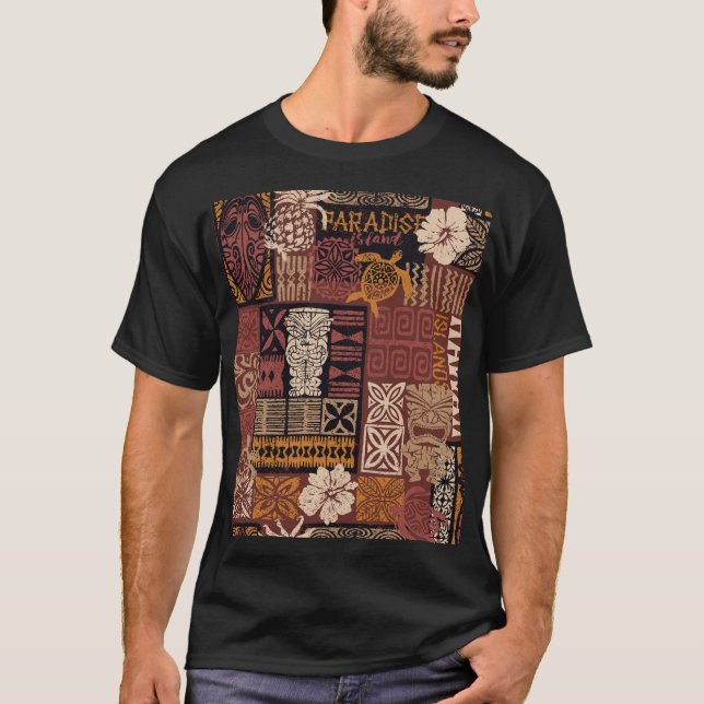 Camiseta Tribal Havaiano: Patchwork de Tecido Vintage (Frente)