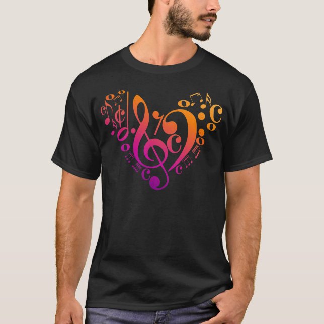 Camiseta Trible Bass Clef Musical Notes Colorful Heart (Frente)
