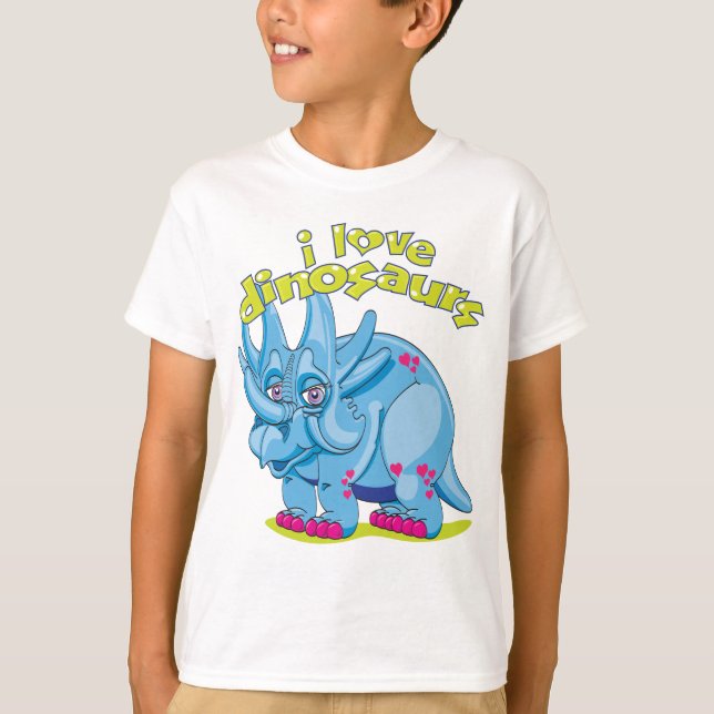 Camiseta Triceratops amigável azul brilhante com corações (Frente)