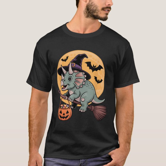 Camiseta Triceratops Bruxo Chapéu Pumpkin Figurino de Hallo (Frente)