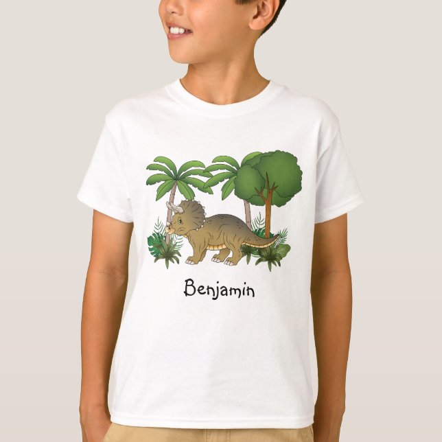 Camiseta Tricerátops Cuto Dinossauro Com Árvores E Plantas (Frente)