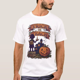 Camiseta Trick Or Teach Figura Sombra Abóbora Casa Assombra
