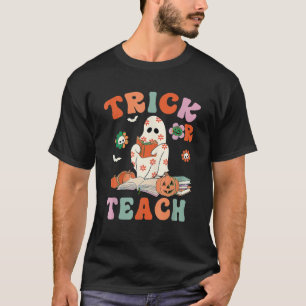 Camiseta Trick Or Teach Floral Fantasmagórico Groovy Retro