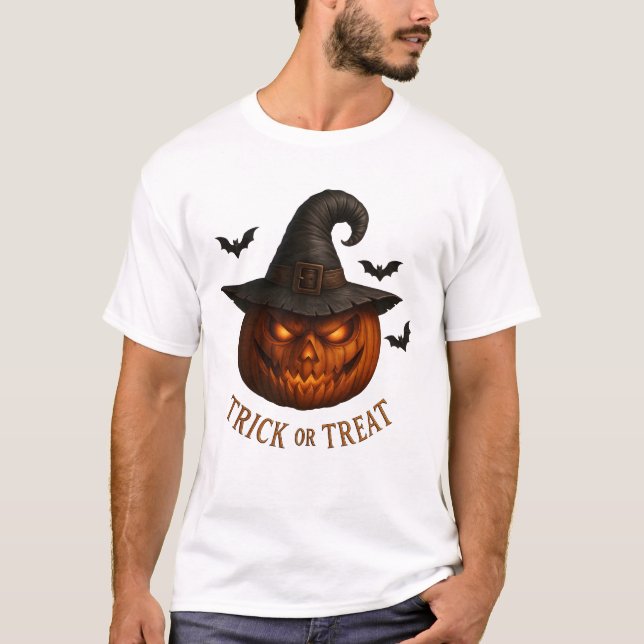 Camiseta Trick or Treat Pumpkin Witch Hat Halloween Design (Frente)