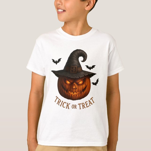 Camiseta Trick or Treat Pumpkin Witch Hat Halloween Design (Frente)