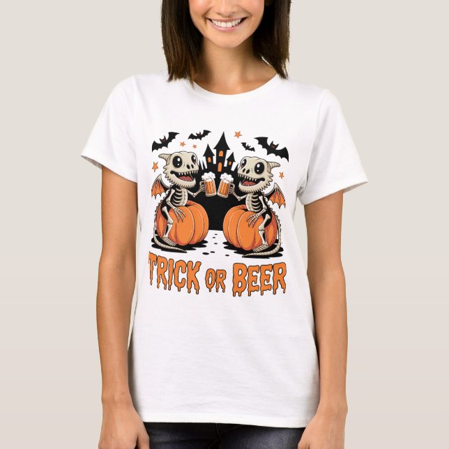 Camiseta Trick ou Beer Skeleton Dragons Halloween (Frente)