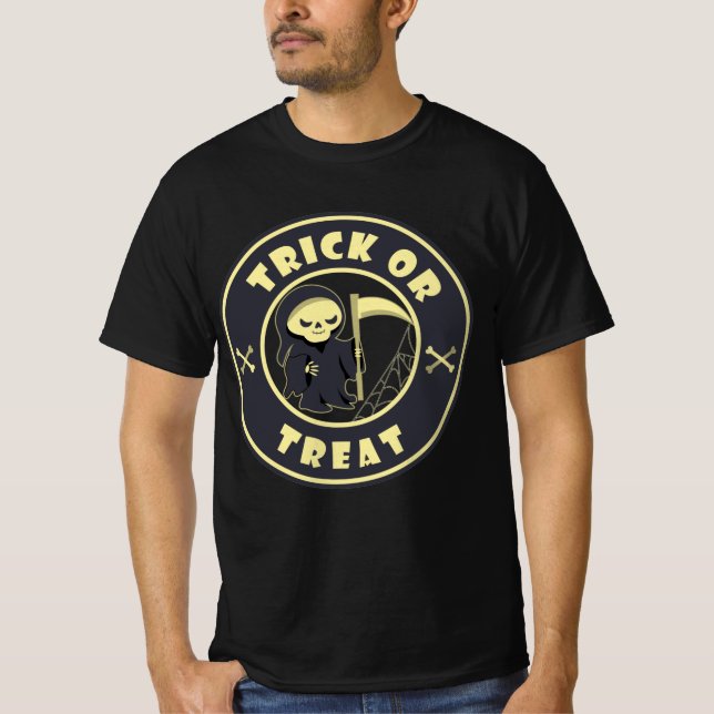 Camiseta Trick ou trata o Grim Reaper Starbuers logo café T (Frente)