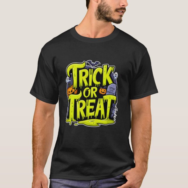 Camiseta Trick ou Tratar Arte Slimosa Spooky (Frente)