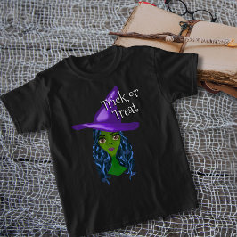 Camiseta Trick ou Tratar Bruxa Verde com Chapéu Roxo
