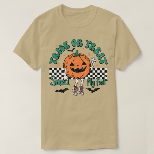 Camiseta Trick ou Tratar Cheira Os Meus Pés-Pumpkin Criança (Frente do Design)