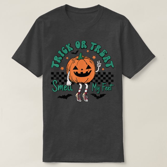 Camiseta Trick ou Tratar Cheira Os Meus Pés-Pumpkin Criança (Frente do Design)