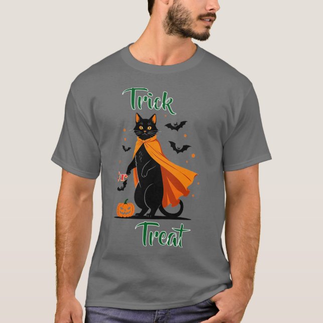 Camiseta Trick ou Tratar T-Shirt do Dia das Bruxas de Gato  (Frente)