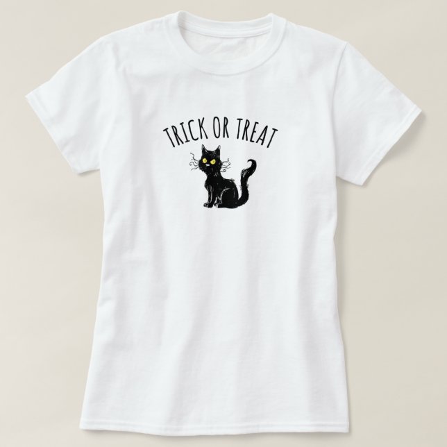 Camiseta Trick ou Tratar T-Shirt Preto de Gato (Frente do Design)