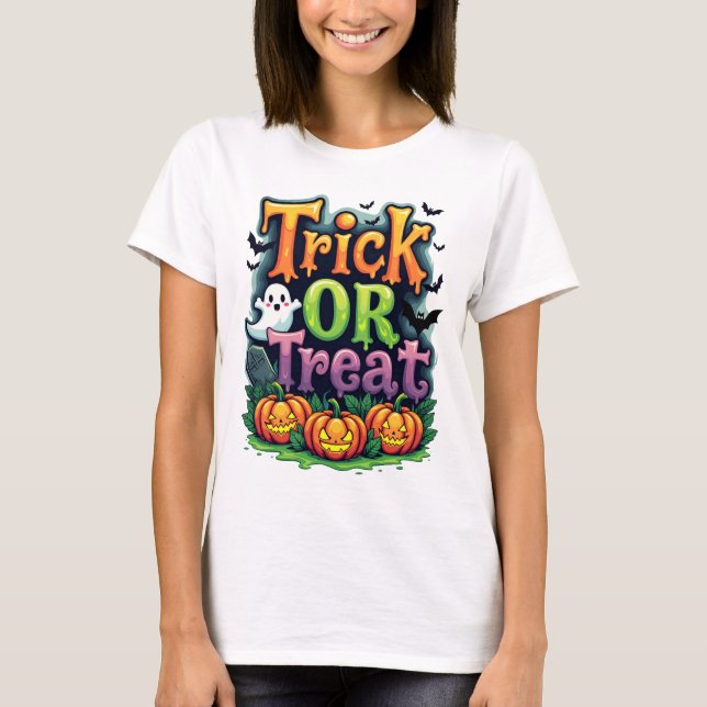 Camiseta Trick ou Trate as mulheres modernas em Script no D (Frente)