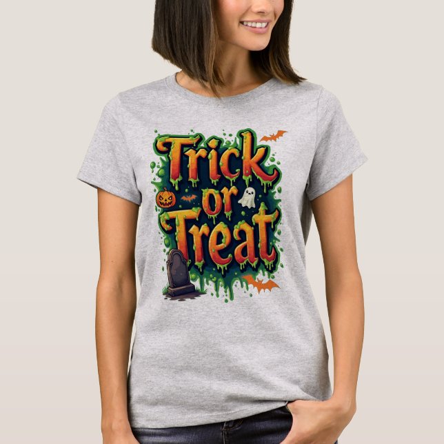 Camiseta Trick ou Trate as mulheres modernas em Script no D (Frente)