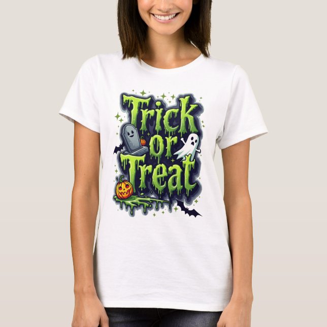 Camiseta Trick ou Trate as mulheres modernas em Script no D (Frente)