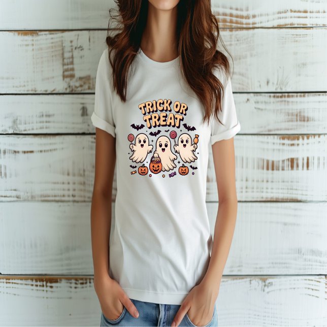 Camiseta Trick ou Trate o Cute Retro Ghost Halloween (Criador carregado)