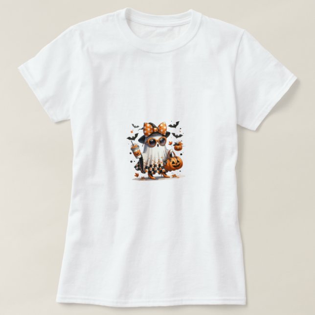 Camiseta "Trick ou Trate T-Shirt Fantasma Cuta, Kawaii Hall (Frente do Design)