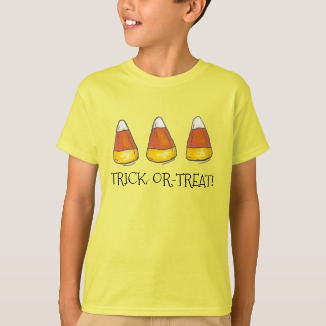 Camiseta Trick ou Treine doces de milho Feliz Halloween (Frente)