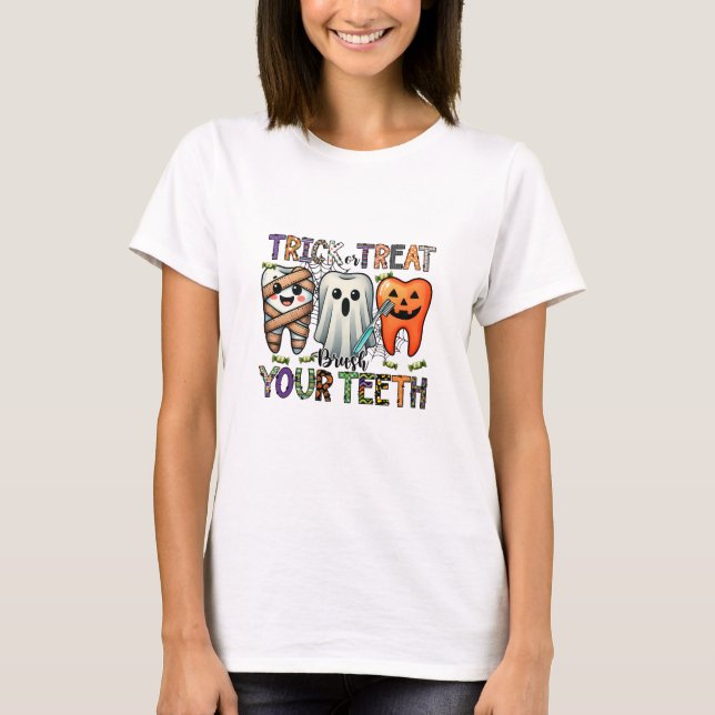 Camiseta Trick ou Treine Escove o Dentista dos Dentes (Frente)
