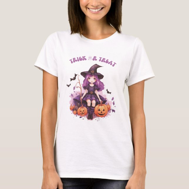 Camiseta Trick ou Treine Pumpkins e Morcegos de Bruxas Roxa (Frente)