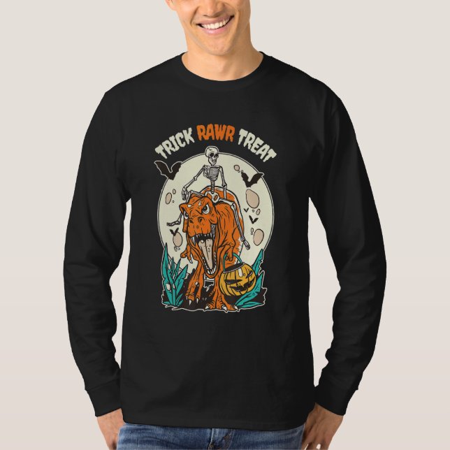 Camiseta Trick Rawr Tratar T Rex Dinossaur E Skeleton Hallo (Frente)