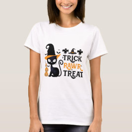 Camiseta Trick Rawr Treat Gato Preto Chapéu de Bruxas Hallo