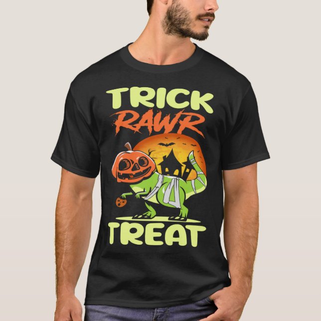 Camiseta Trick Rawr Treat Halloween Rex Dinosaur Ghost Boys (Frente)