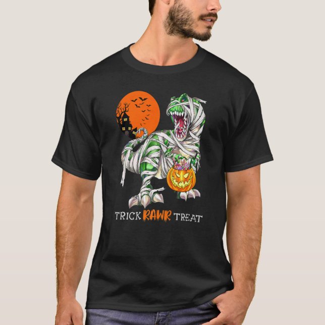Camiseta Trick Rawr Treat Mummy Dinosaur Rex Halloween Pump (Frente)