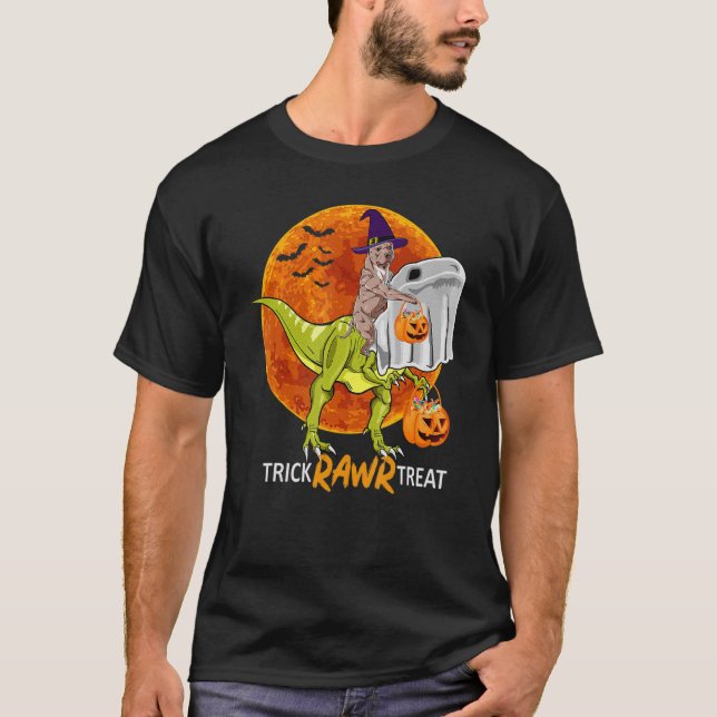 Camiseta Trick Rawr Treat Pitbull Andando Dinossauro Lua Ve (Frente)