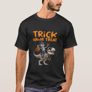 Camiseta Trick Rawr Treat Skeleton Rodando Dinossauro Para