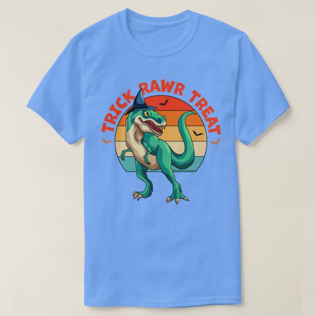Camiseta Trick Rawr Treat Witat Halloween Dinossaur (Frente do Design)