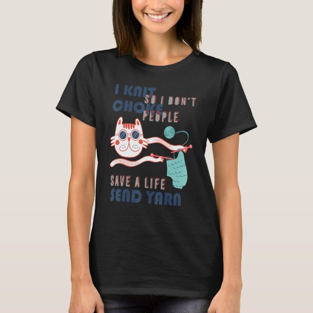 Camiseta tricô gato branco eu tricoto para não estrangular  (Frente)
