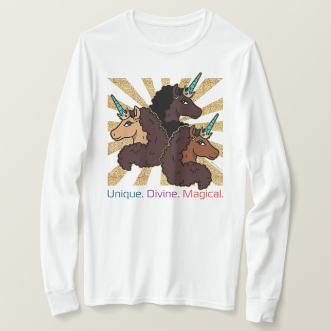 Camiseta Trio Afro Unicorn: Único, Divino e Mágico (Frente do Design)