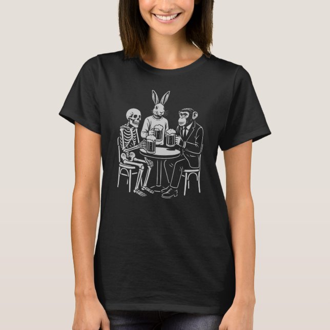 Camiseta Trio da Noite de Pub: Coelho esqueleto e macaco (Frente)