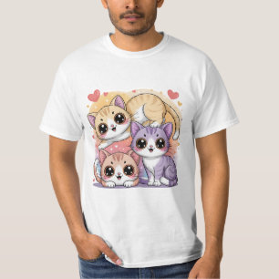 Camiseta Trio de Gatinhos de Desenho Animado Fofo com Coraç