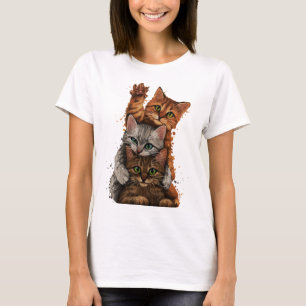 Camiseta Trio de Gatos Caprichosos: Pilha Divertida