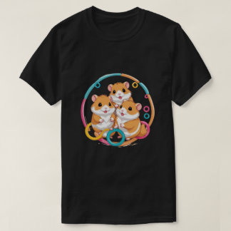 Camiseta Trio de Hamsters Fofos em Anéis Coloridos