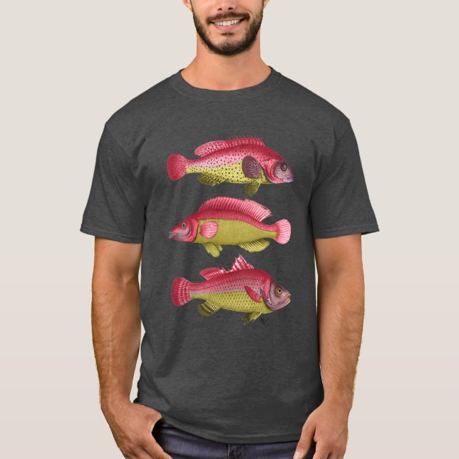 Camiseta Trio de Peixes de Fantasia Vermelha e Amarela (Frente)