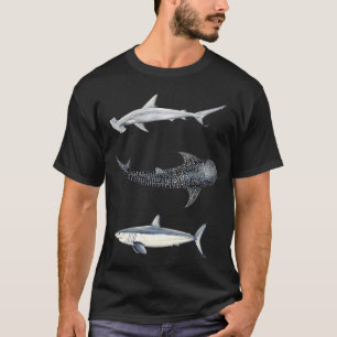 Camiseta Trio de tubarões: tubarão-martelo, tubarão-baleia