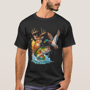 Camiseta Trío de Vida Selvagem Cervo Pato Robalo Arte Splas