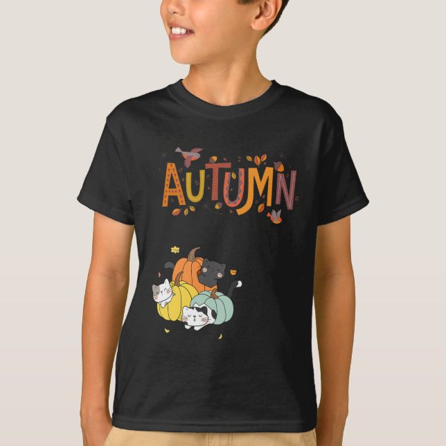 Camiseta Trio Gatos De Pumpkin Bonitos Olá Queda Autumn Eng (Frente)