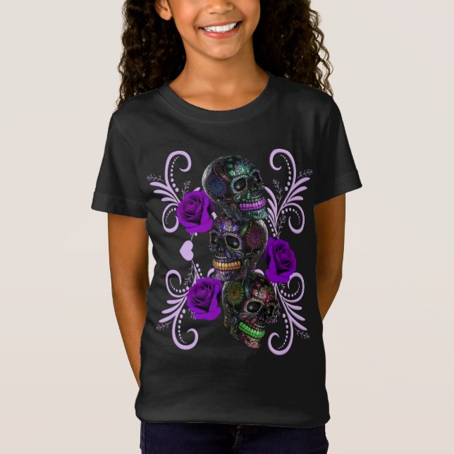 Camiseta Triplo Dia Negro Dos Cascos Mortos Rosas Roxos (Frente)